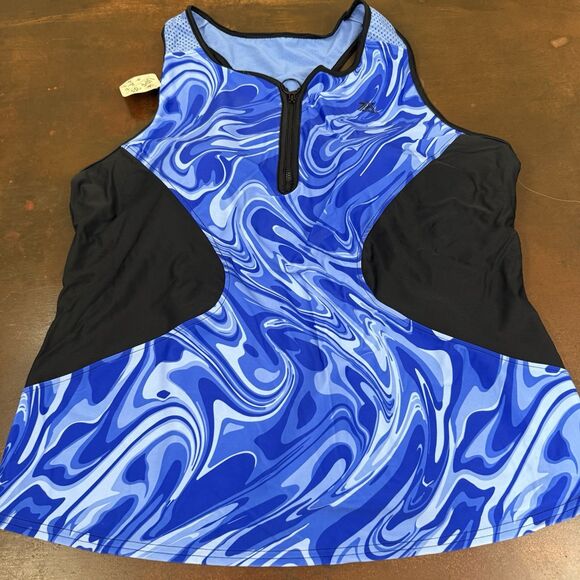 NWT Women's Athletic UPF 50+ Zip Front Tankini Swim Top Blue Marble Zero X Posur - Picture 3 of 14